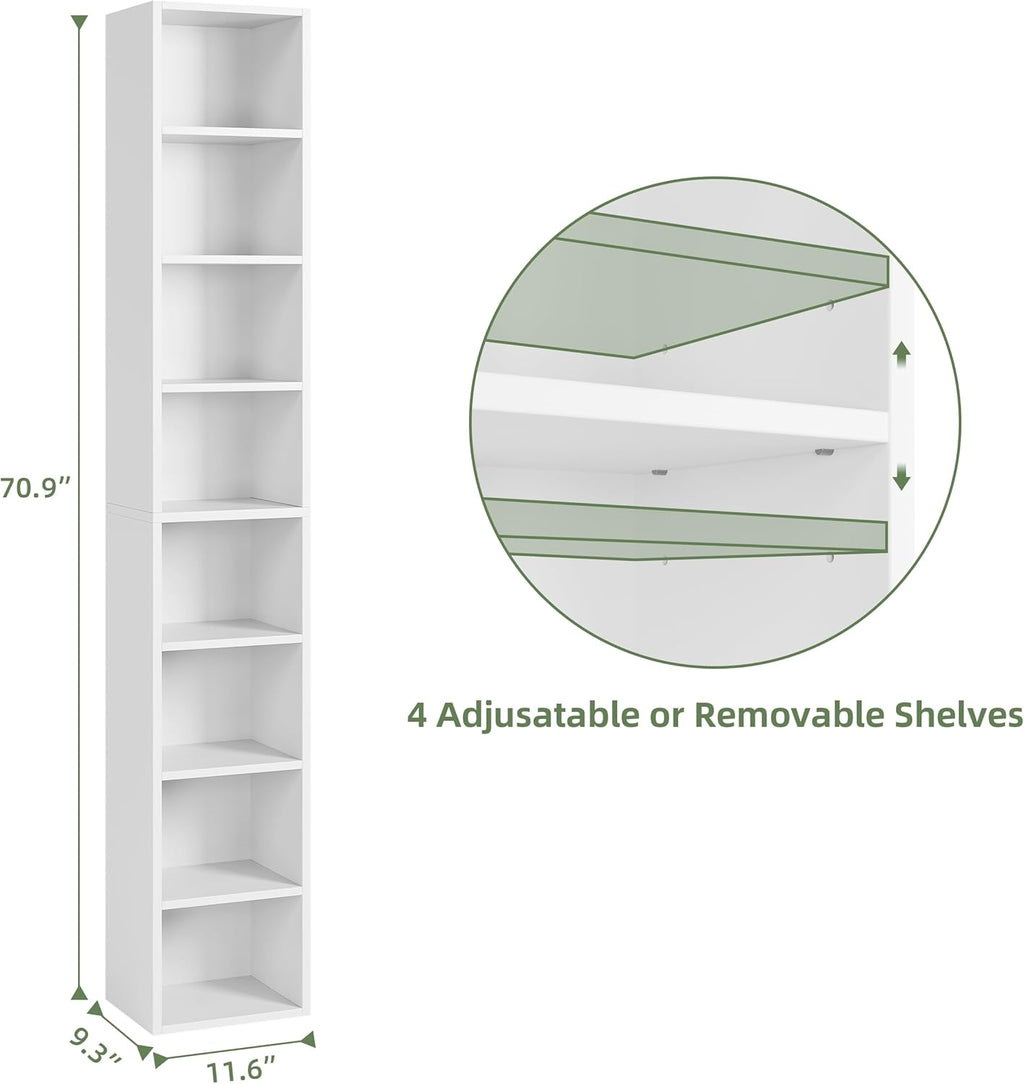 White 8-Tier Narrow Bookshelf with Adjustable Shelves O7424