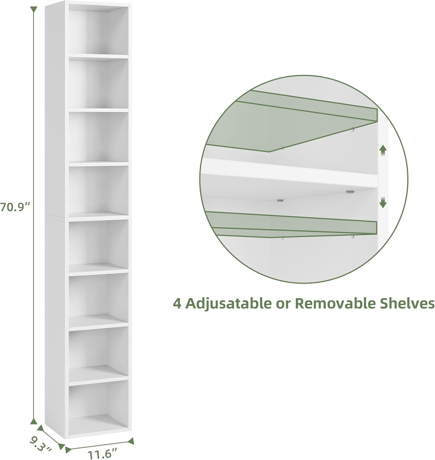 White 8-Tier Narrow Bookshelf with Adjustable Shelves O7424