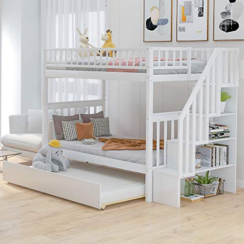White Solid Wood Twin-Over-Twin Bunk Bed with Trundle A82800