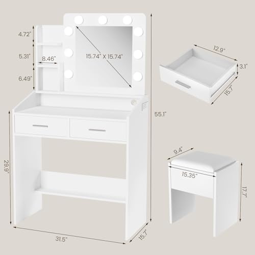 Black Vanity Desk with Mirror and Lights, 2 Drawers, Cushioned Stool P3689