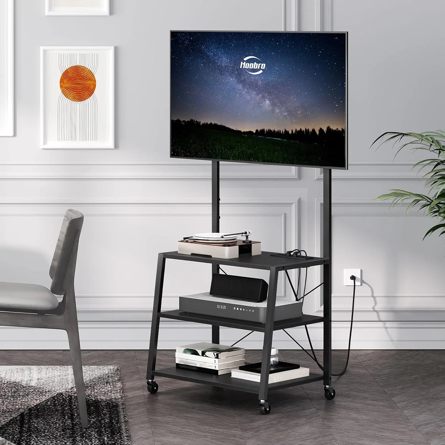 Black Rolling TV Stand with Mount and Power Outlet for 55 inch TVs J275226