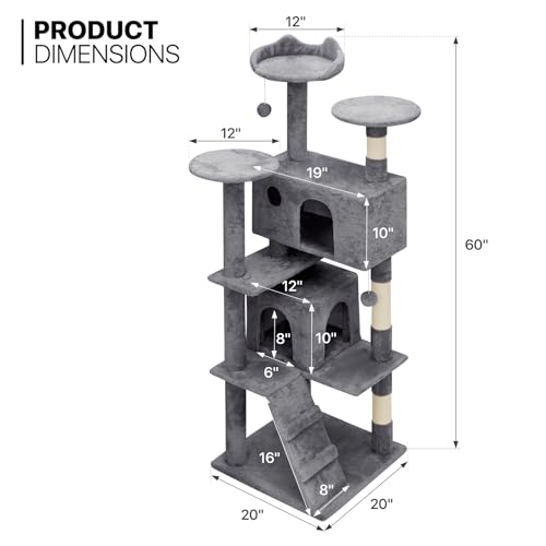 60 Inch Smoky Grey Cat Tree with 2 Cat Condo and Scratching Post S215