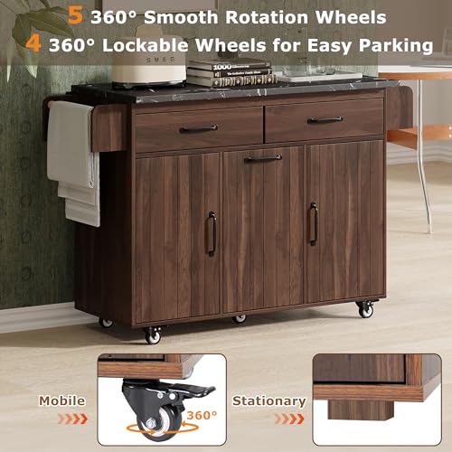 Kitchen Island Cart with Trash Can Storage, Drop Leaf, Drawers, Adjustable Shelves, Lockable Wheels A72321