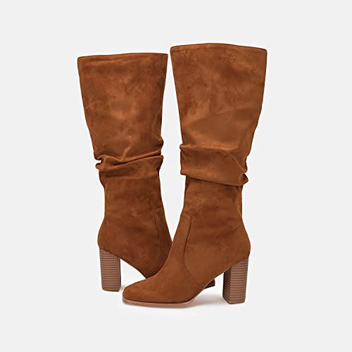 Womens Knee High Boots Chunky High Heel Square Toe Side Zipper Wide Calf Boot U1515