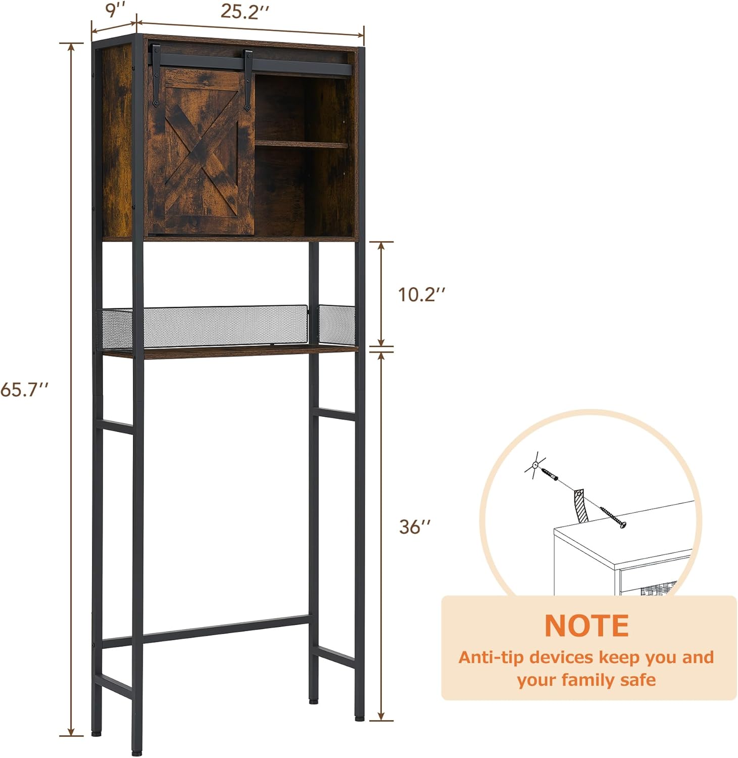 Rustic Brown Over The Toilet Storage Cabinet with Sliding Door and Adjustable Shelf U90337