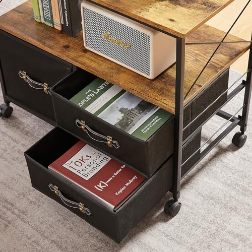 Black 3 Drawer Rolling Printer Stand with Fabric Storage Shelf V921