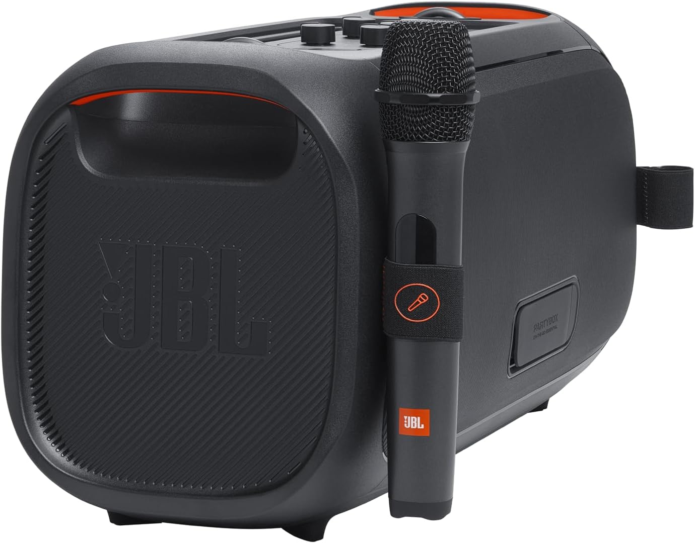 Portable party speaker with built-in lights and wireless mic, IPX4 splashproof protection, 6 hours of playtime, shoulder strap V5666