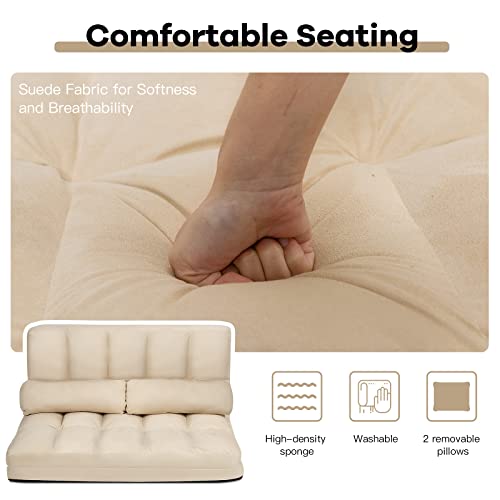 Blue Floor Sofa with 2 Pillows, Foldable 6-Position Adjustable Metal Frame Suede Fabric M76503