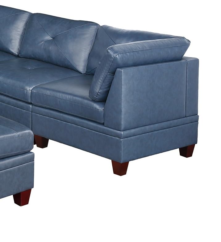 Ink Blue Genuine Leather Sectional Sofa Set, 6-Piece, Tufted Back, Wood Legs, 132 x 102 x 35 Inches J320