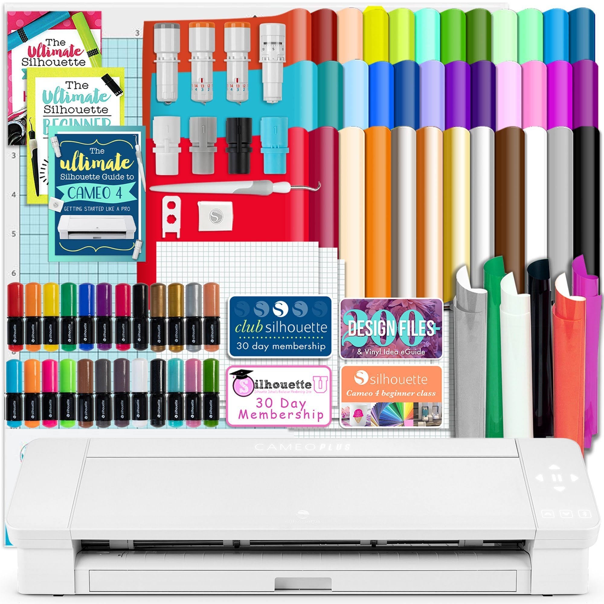 White Cameo 4 Plus 15x22 with Blade Pack, 38 Sheets Vinyl, HTV, Pens D4239