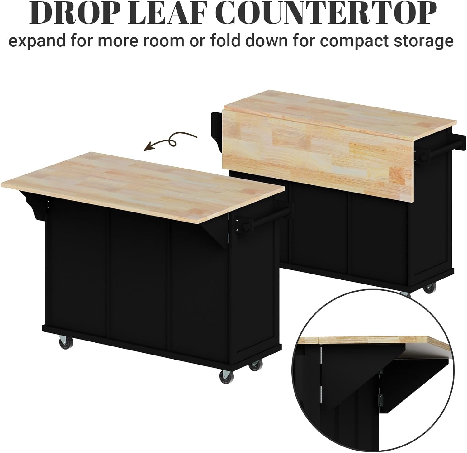 Black 53in Wood Rolling Kitchen Island with Drawer and Storage Cabinet B6290