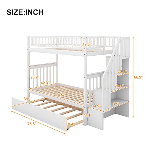 White Solid Wood Twin-Over-Twin Bunk Bed with Trundle A82800
