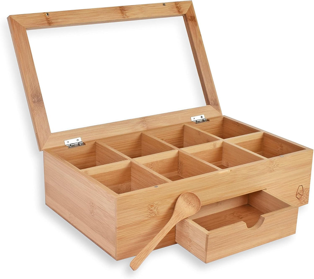 Bamboo Wood Tea Bag Storage Organizer with 8 Compartments and Drawer Q895689