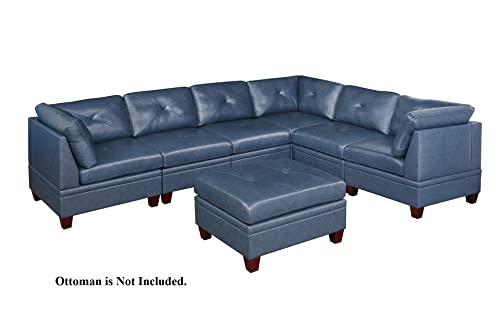 Ink Blue Genuine Leather Sectional Sofa Set, 6-Piece, Tufted Back, Wood Legs, 132 x 102 x 35 Inches J320