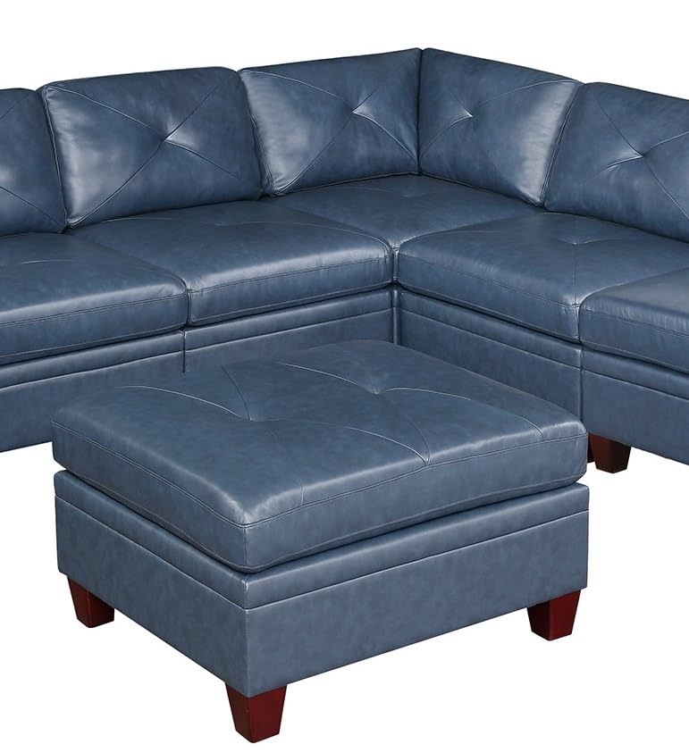 Ink Blue Genuine Leather Sectional Sofa Set, 6-Piece, Tufted Back, Wood Legs, 132 x 102 x 35 Inches J320