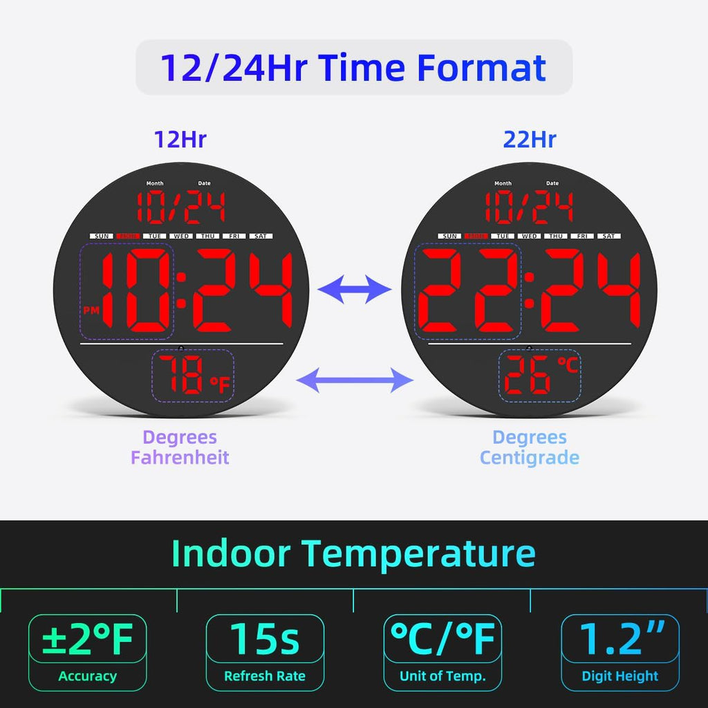 Digital Wall Clock with Large LED Display, Auto-Brightness, Temperature, Small Silent Non-Ticking Electric Wall Clock Y142
