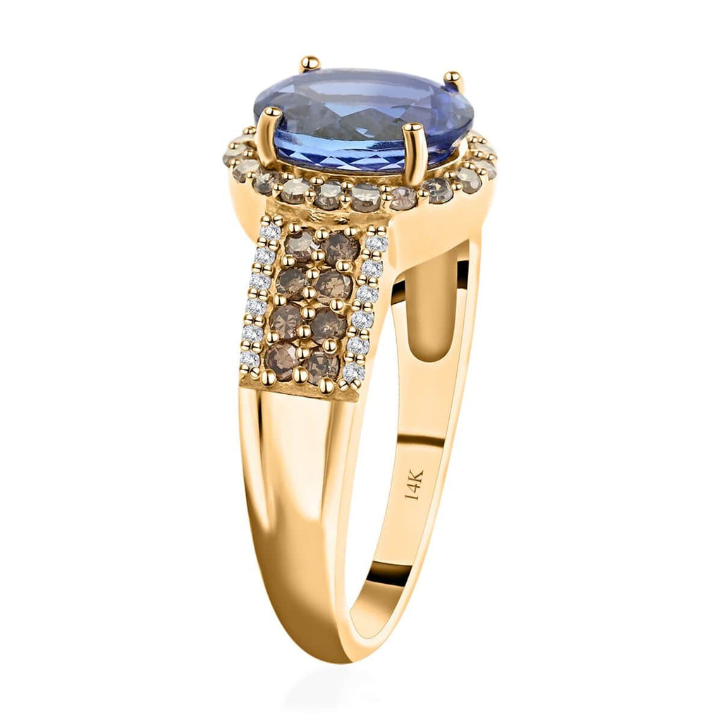 Blue Tanzanite Champagne Diamond Oval 14K Yellow Gold Solitaire Ring Size 7 Ct 2.15 L900