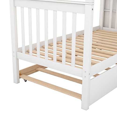 White Solid Wood Twin-Over-Twin Bunk Bed with Trundle A82800