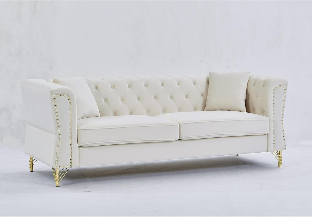 Grey Velvet 3 Seater Chesterfield Sofa with Metal Foot and Nailhead S3506