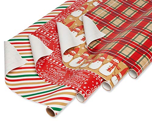 Christmas Wrapping Paper Set, Red and Tan Brown, 120 sq. ft., 4 rolls, 30 in. x 12 ft., 7 Adhesive Bows, 30 Gift Tag Stickers, Plaid, Stripes, and Snowmen X461