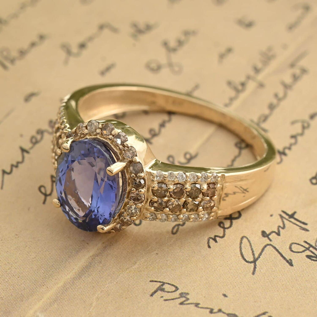 Blue Tanzanite Champagne Diamond Oval 14K Yellow Gold Solitaire Ring Size 7 Ct 2.15 L900