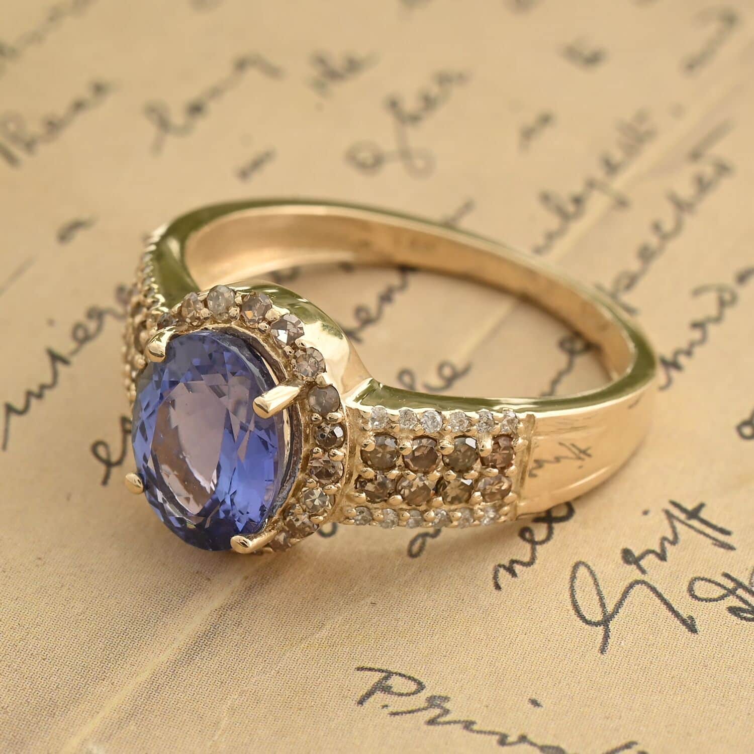 Blue Tanzanite Champagne Diamond Oval 14K Yellow Gold Solitaire Ring Size 7 Ct 2.15 L900