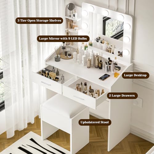 Black Vanity Desk with Mirror and Lights, 2 Drawers, Cushioned Stool P3689