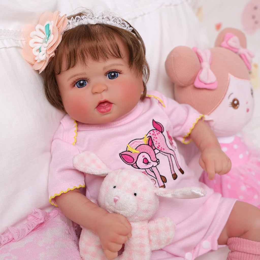 20 Inch Cloth Body Hand-Rooted Brown Hair Blue Eyes Poseable Reborn Baby Doll O4531
