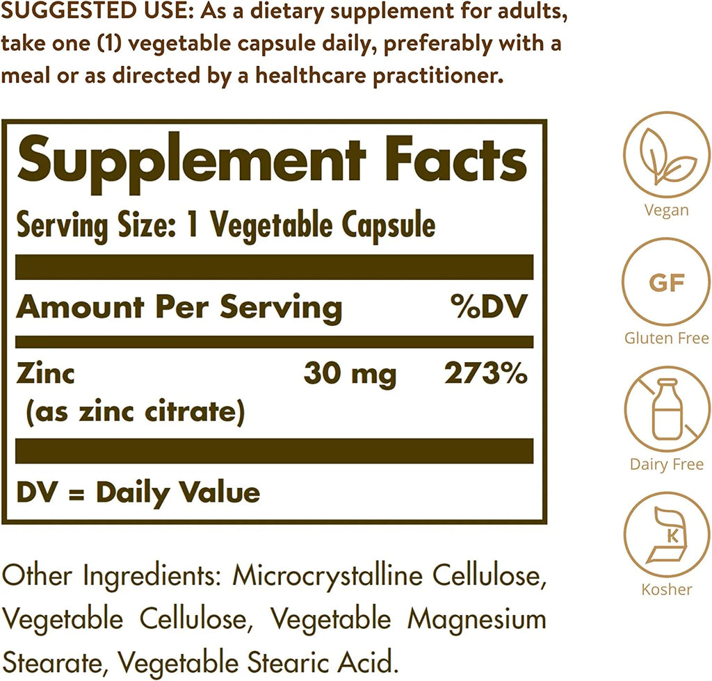 Zinc Citrate 30 mg, 100 Vegetable Capsules B95669