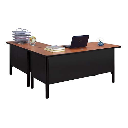 Gray Top Black Steel Frame L Shaped Desk with Center Drawer R777363