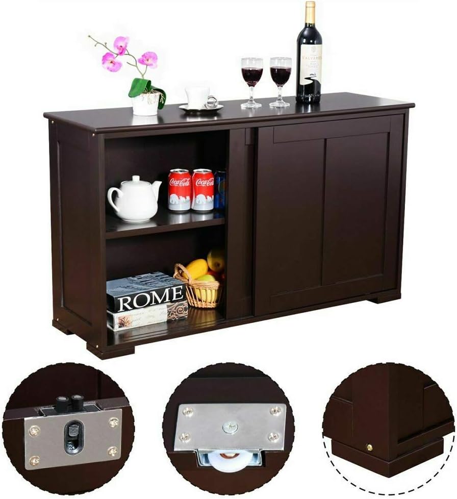 Dark Brown Wood Sliding Door Kitchen Storage Cabinet MDF 42" L × 13" W × 23.5" H D628