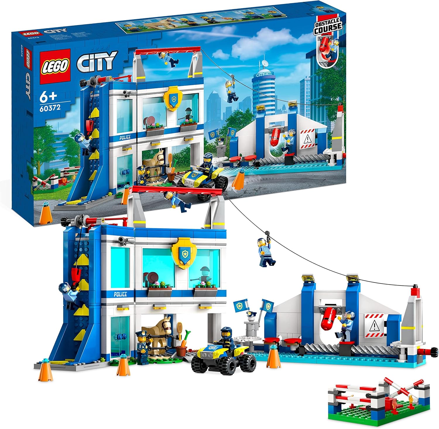Police Training Academy Station Playset with Obstacle Course, Horse Figure, Quad Bike Toy and 6 Officer Minifigures J52455