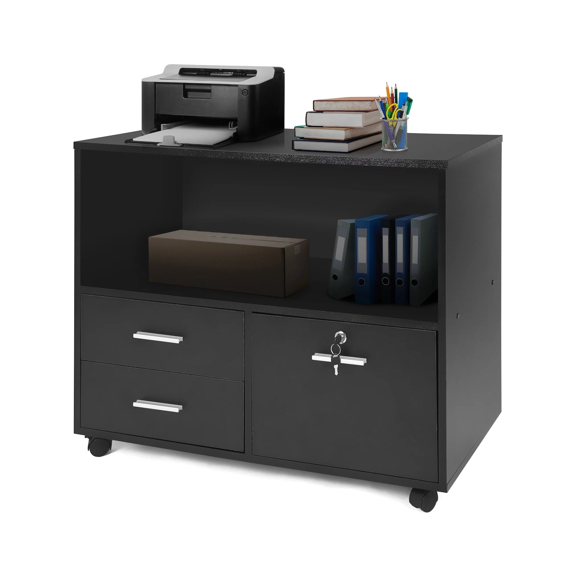 Black Wood 3 Drawer Mobile Lateral Filing Cabinet with Lock V987853