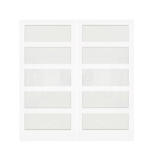White Primed Double Sliding Pocket Door 60" x 80" with 5 Lites Tempered Frosted Glass Panels Y427411