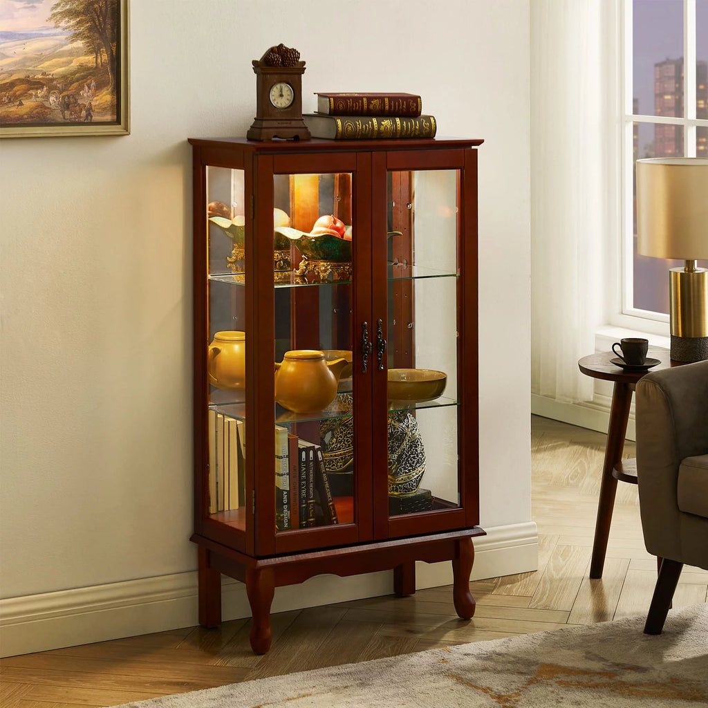 3 Tier Curio Cabinet with Tempered Glass Doors, Cherry C127438