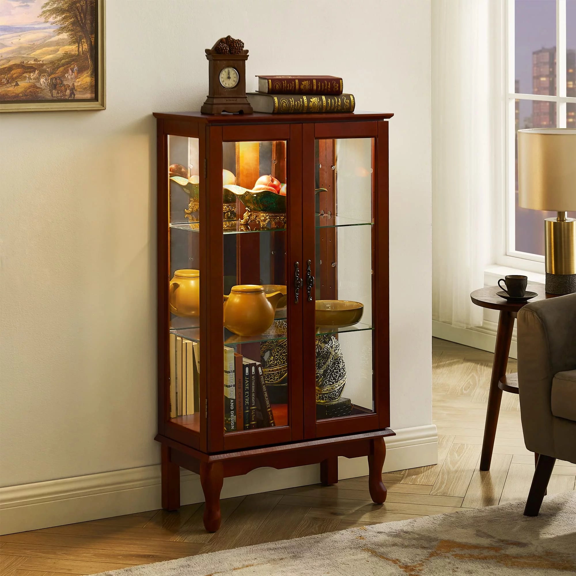 3 Tier Curio Cabinet with Tempered Glass Doors, Cherry C127438