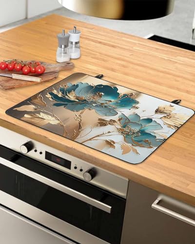 Teal Floral Blossom Gold Foil Leaves Induction Cooktop Protector Mat 24x21IN C544