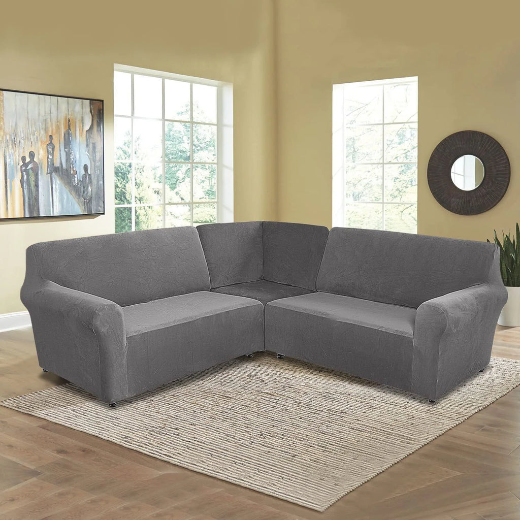 3-Piece L Shape Velvet Sectional Couch Cover, Grey B952