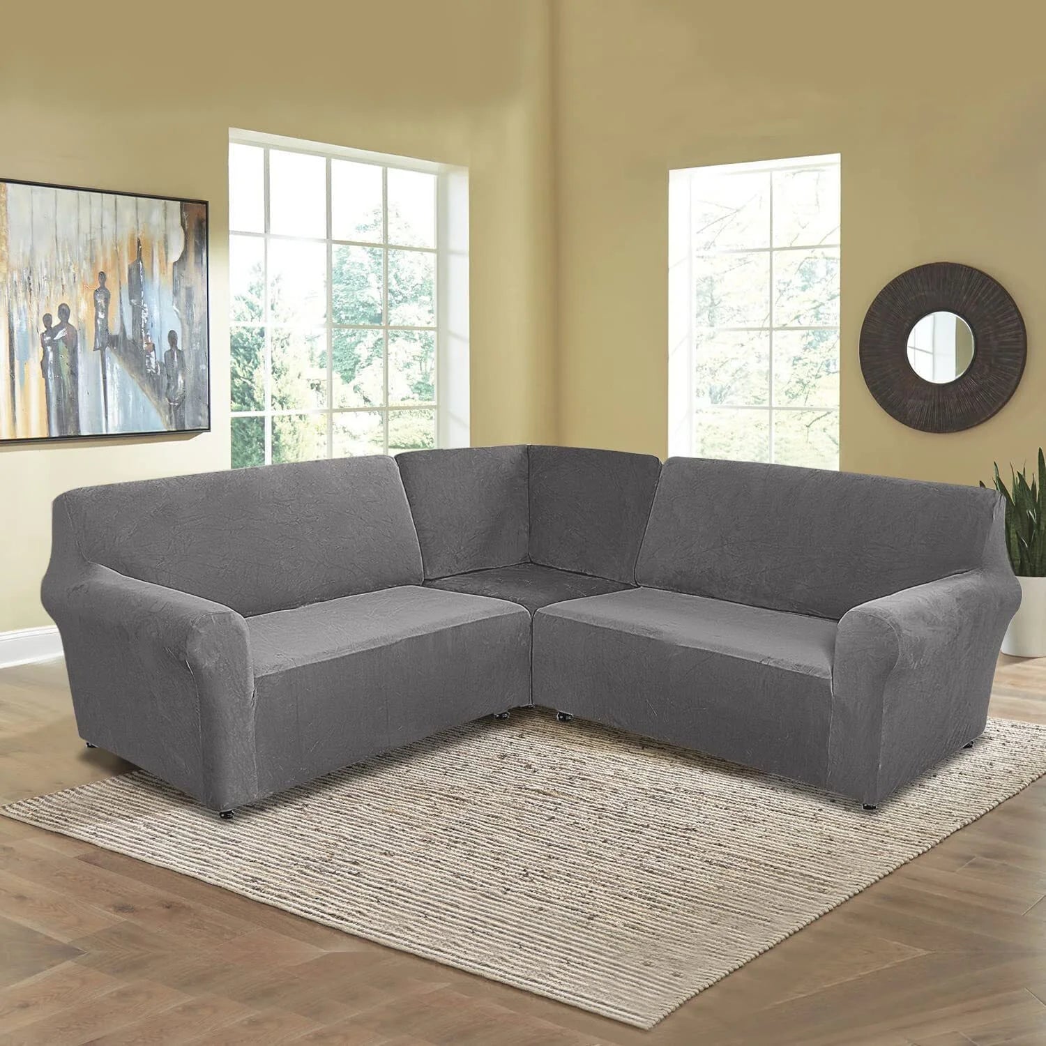 3-Piece L Shape Velvet Sectional Couch Cover, Grey B952