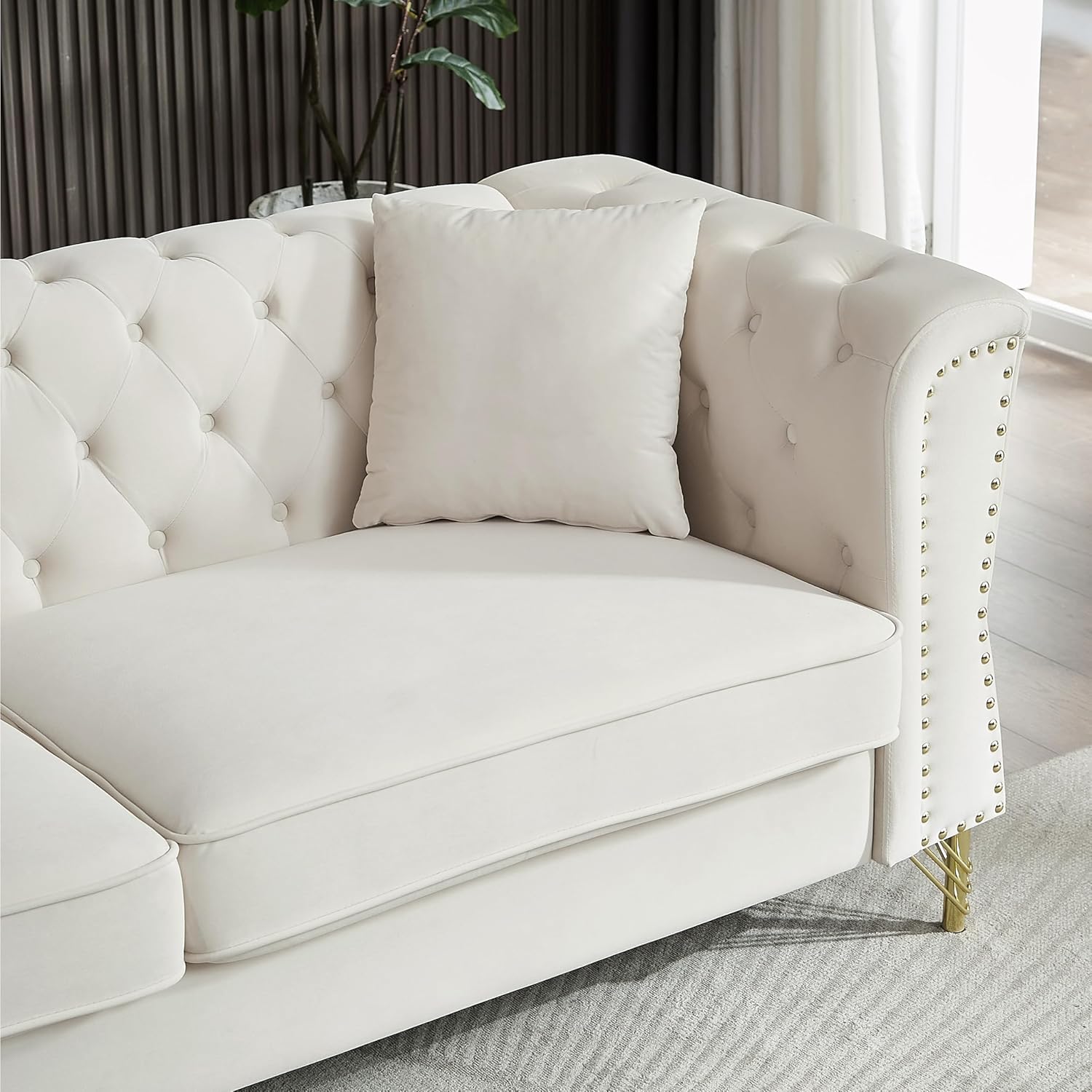 Grey Velvet 3 Seater Chesterfield Sofa with Metal Foot and Nailhead S3506