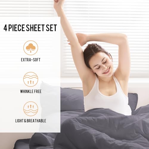 Queen Size 4 Piece Cooling Sheet Set with Deep Pocket Fitted Sheet, Dark Gray P6832