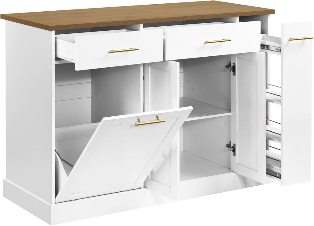White Rolling Kitchen Island with Pull Out Spice Rack and Trash Can Cabinet R40078