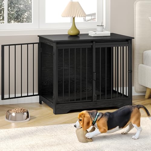 Rustic Brown Wooden Dog Crate Furniture with Barn Door C57333