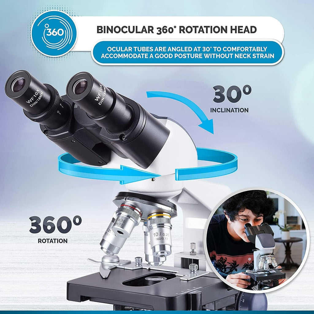 Binocular Compound Microscope, 40X-2500X Magnification, LED Illumination, Abbe Condenser, Two-Layer Mechanical Stage, 1.3MP Camera E9487