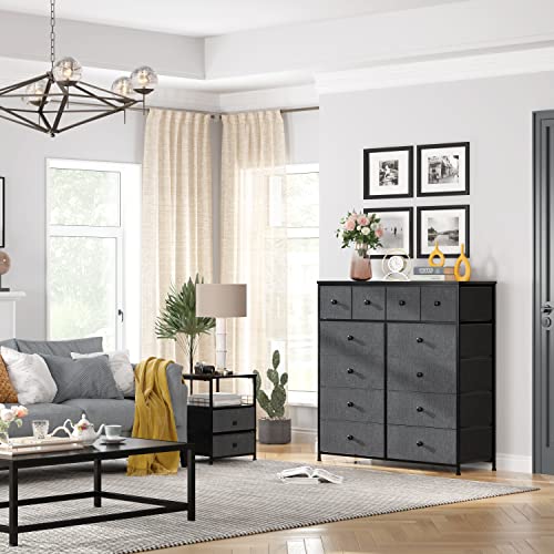 12 Drawer Fabric Dresser with Metal Frame, Wood Top, Light Grey Q1816