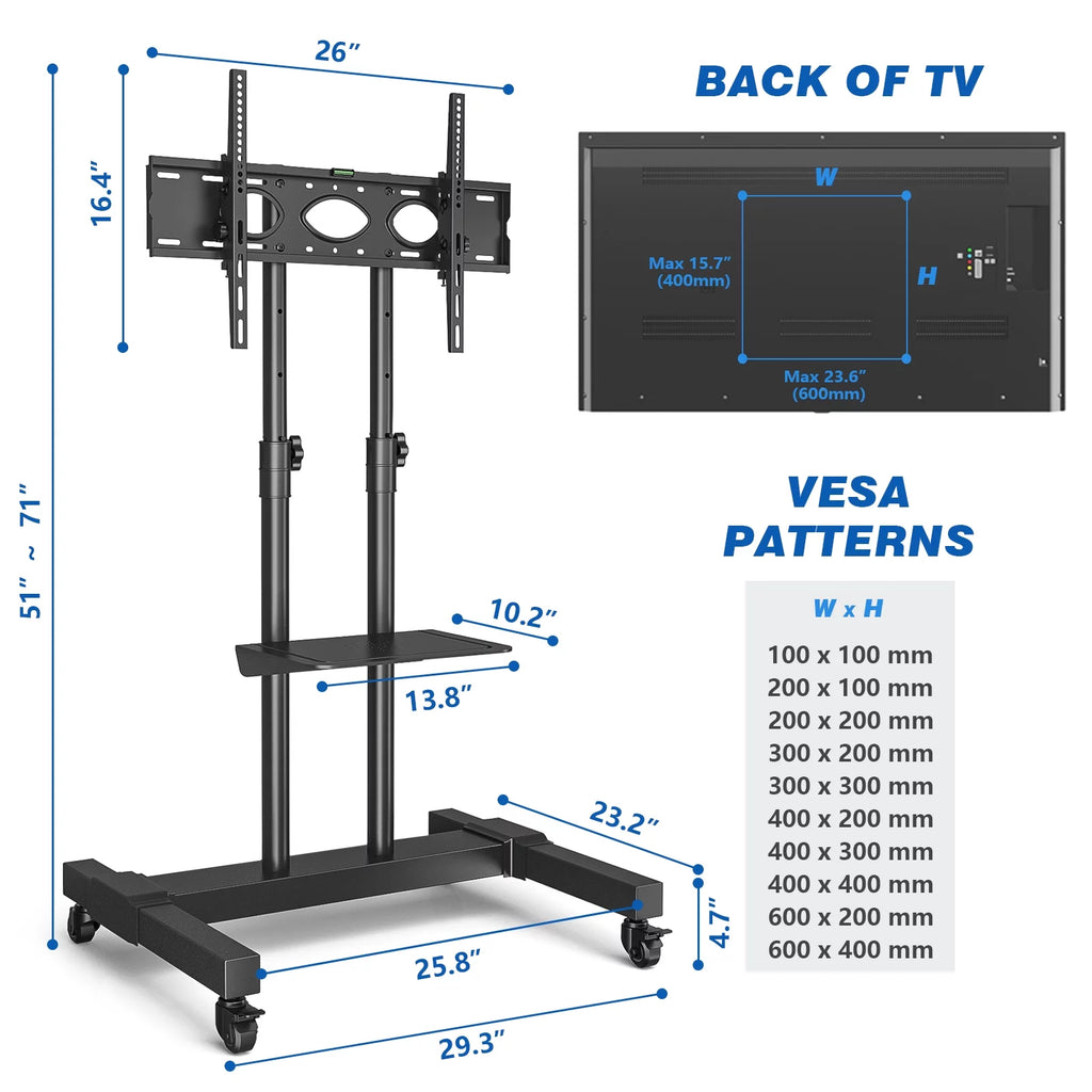 Black Heavy Duty Rolling TV Cart for TVs up to 75 inch O638396