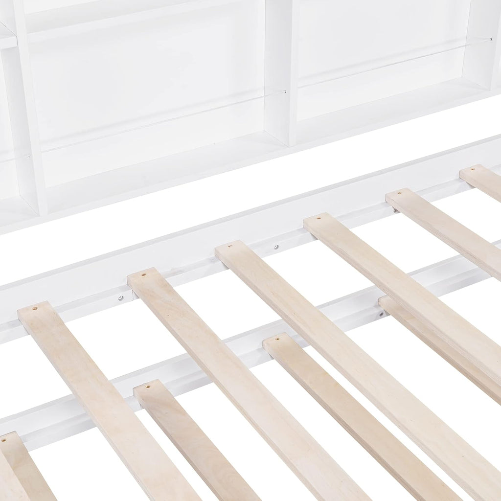 White Twin Size Wooden Platform Bed with Trundle and Storage Shelf E97842