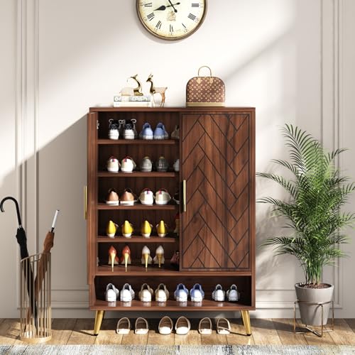 Walnut 6-Tier Shoe Cabinet with Doors P28775