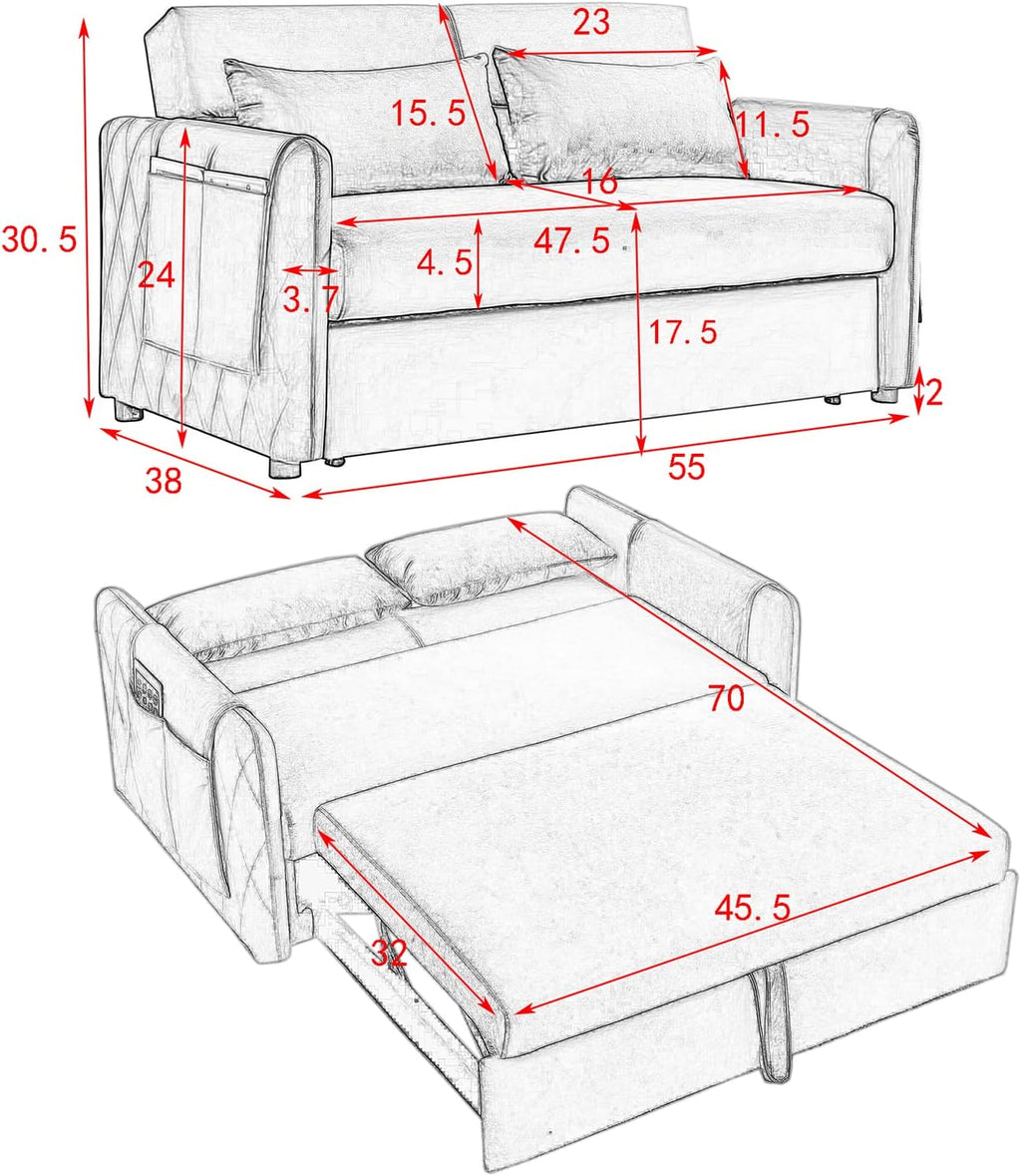 55" Velvet Convertible Sleeper Sofa with Pull Out Bed W171