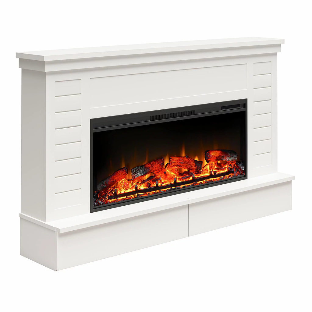 White Wide Shiplap Mantel with Linear Electric Fireplace and Storage Drawers W63512